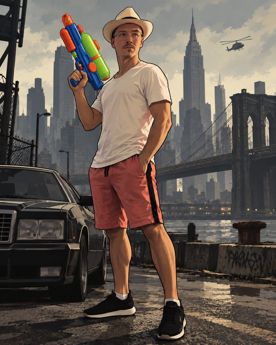 Illustrated Rich in a straw hat holding a water gun on a Brooklyn pier, with the Manhattan skyline and Brooklyn Bridge behind him
